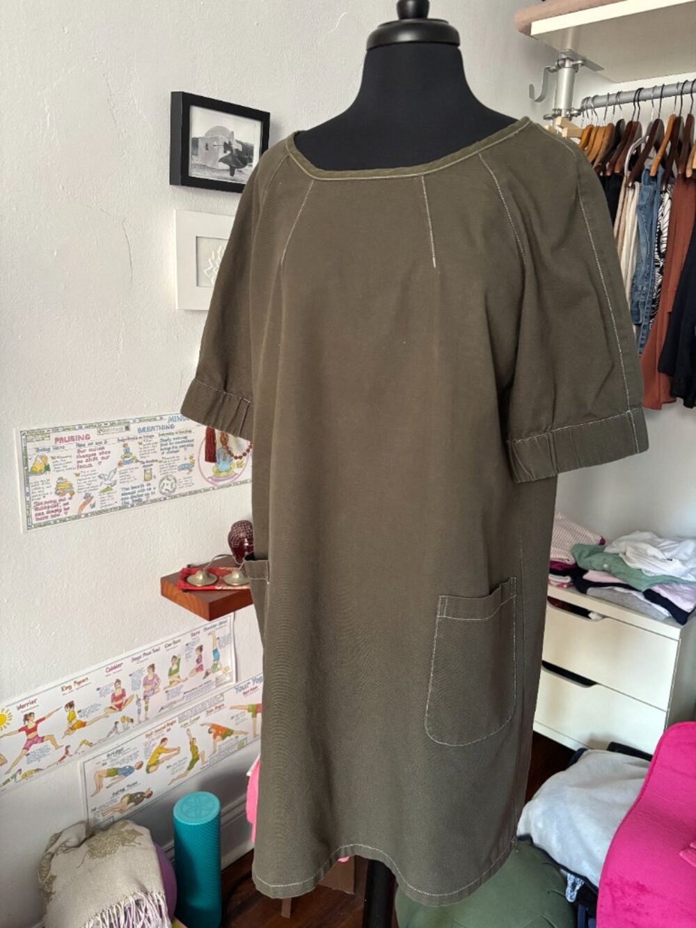 Utility Canvas Olive Green Cotton Shift Dress